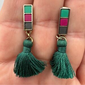 Geometric Tassel Earrings Green Pink Gray Enamel Dangle 1.5”